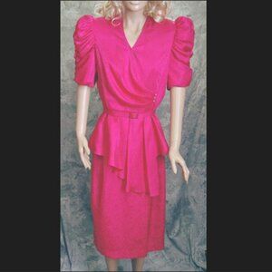 Faux WRAP DRESS w/ Belt RUCHED Poof Sleeves Fuchsia Pink Vintage 80s 11/12